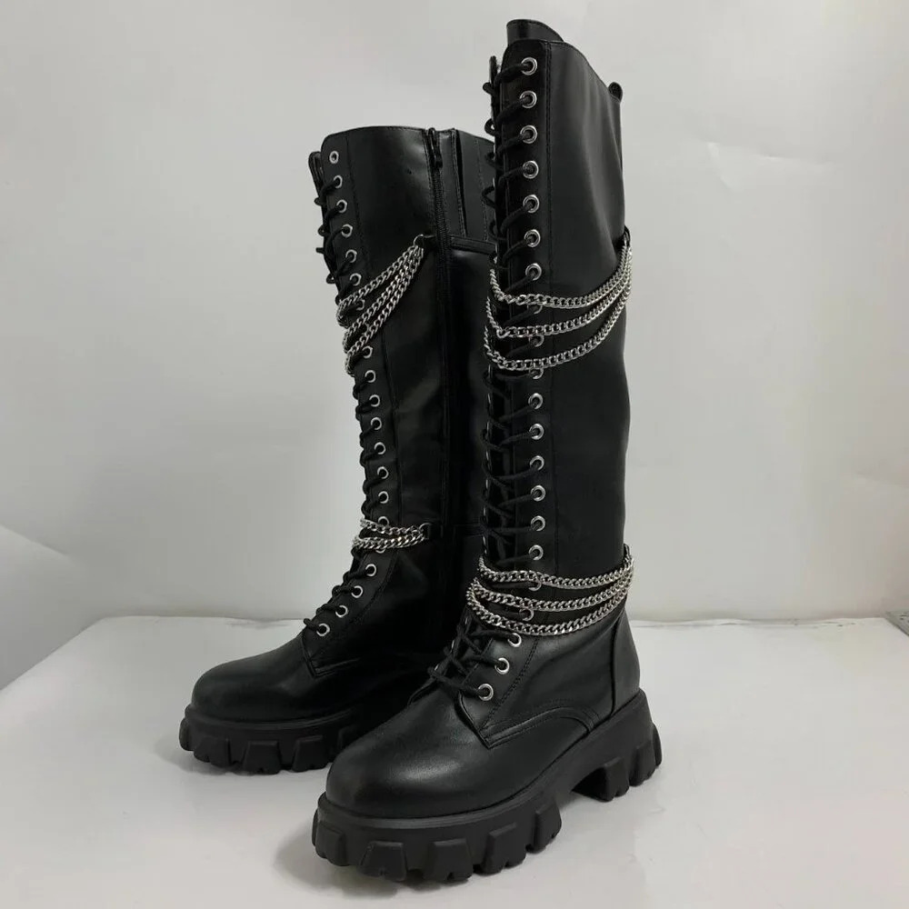Hot Topic Women’s Black Chains‎ Platform Side Zip Knee-High Boots Size 10 NWOB